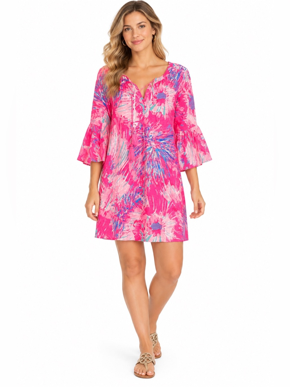 Lilly Pulitzer Dress Womens Medium Pink Floral Lace Up Bell Sleeve Shift